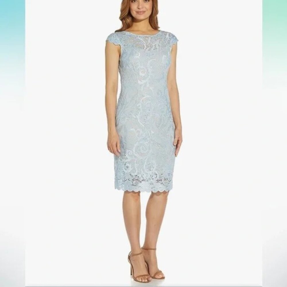 Adrianna Papell Lace Overlay Midi Dress in Light Blue SZ2